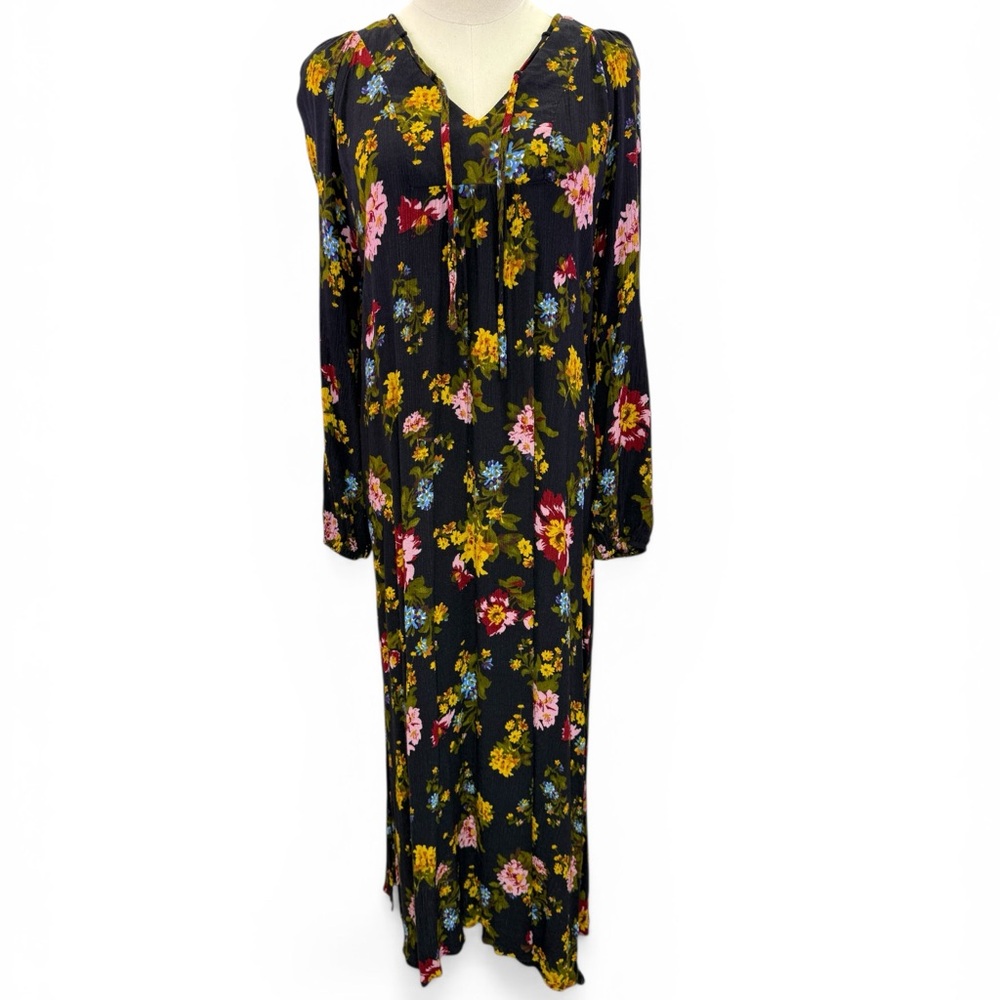 Natural Life Women's Black Floral Print Cottage Core Boho‎ Maxi Dress Size L